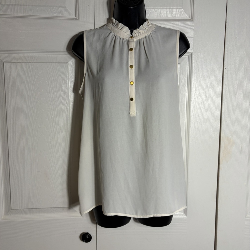 Loft Sleeveless Ruffle High Neck Shirt Women S Cream Gold Button Popover Blouse
